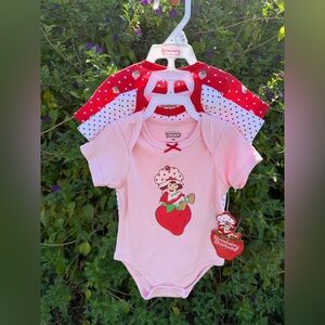 Strawberry Shortcake Baby Onesies 3-Pack 12M Pink Red Polka Dot Cute Outfit Set